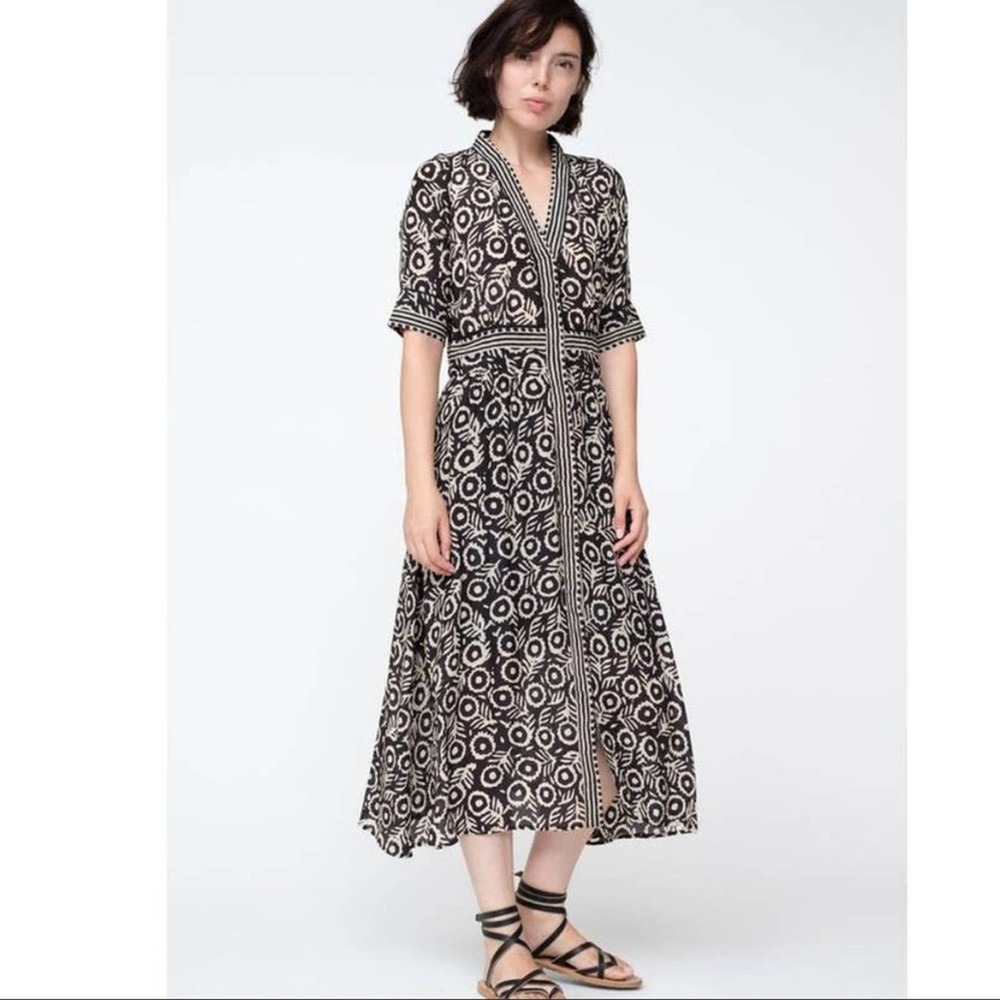 Sea New York Emi Border Print Midi Dress 12 Short Sleeve V-Neck Button Front